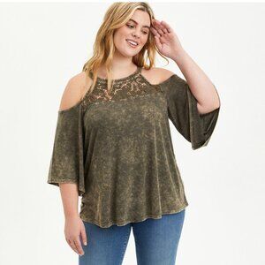 Torrid Knit Jersey Crew Neck Lace Inset Cold Shoulder Top